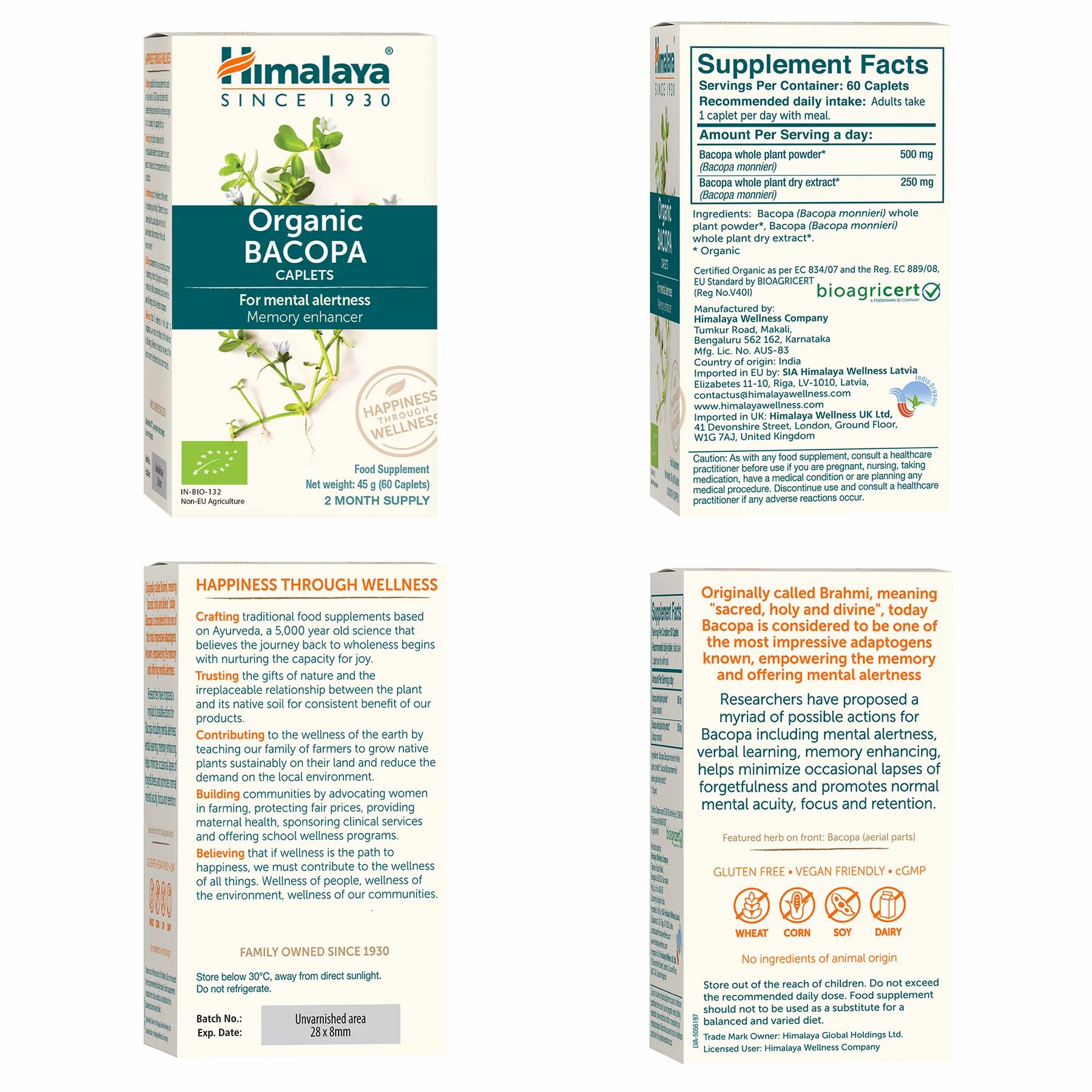 Confezione di Himalaya Bio-Bacopa. Contiene informazioni su ingredienti, dosaggio e certificazioni. Logo Bioagricert visibile.