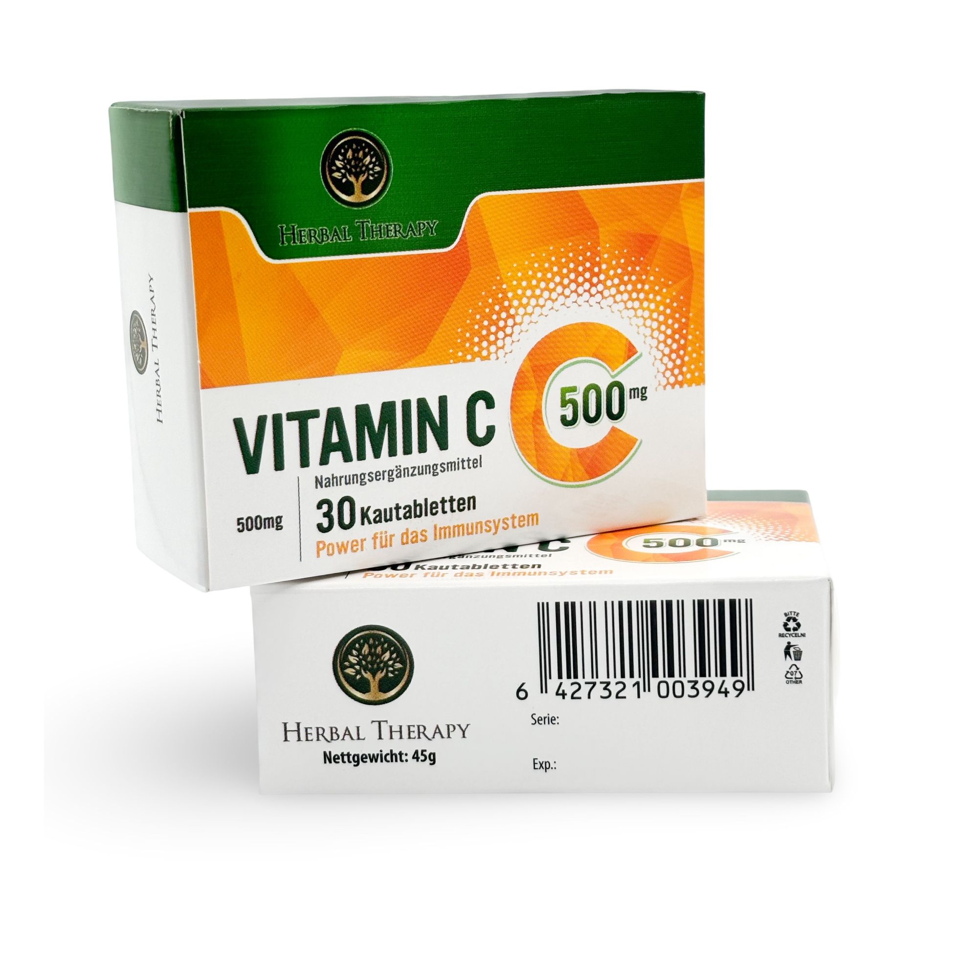 Due scatole di vitamina C 500 mg. Una in piedi, una sdraiata. Design arancione e bianco. Codice a barre e informazioni.