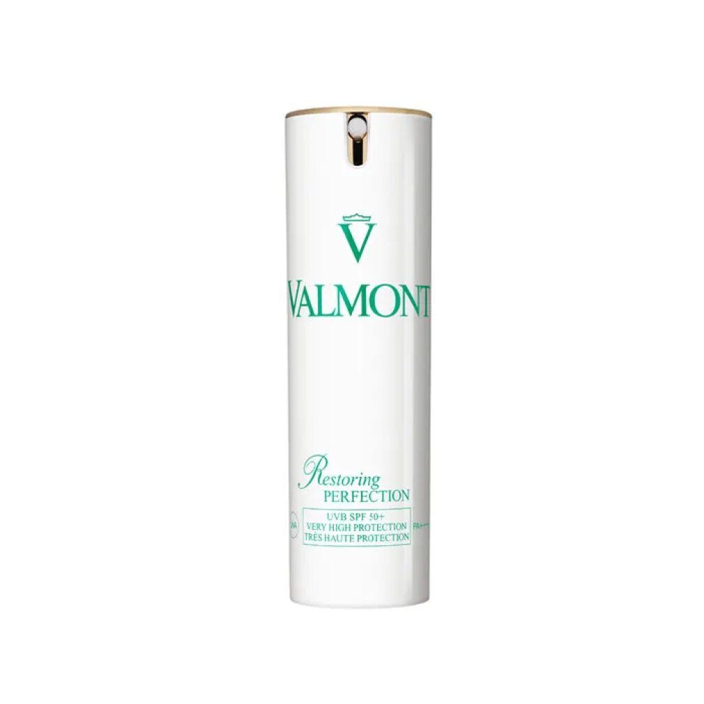 Flacone cilindrico bianco con tappo dorato. Scritte: Valmont, Restoring Perfection, SPF 50.