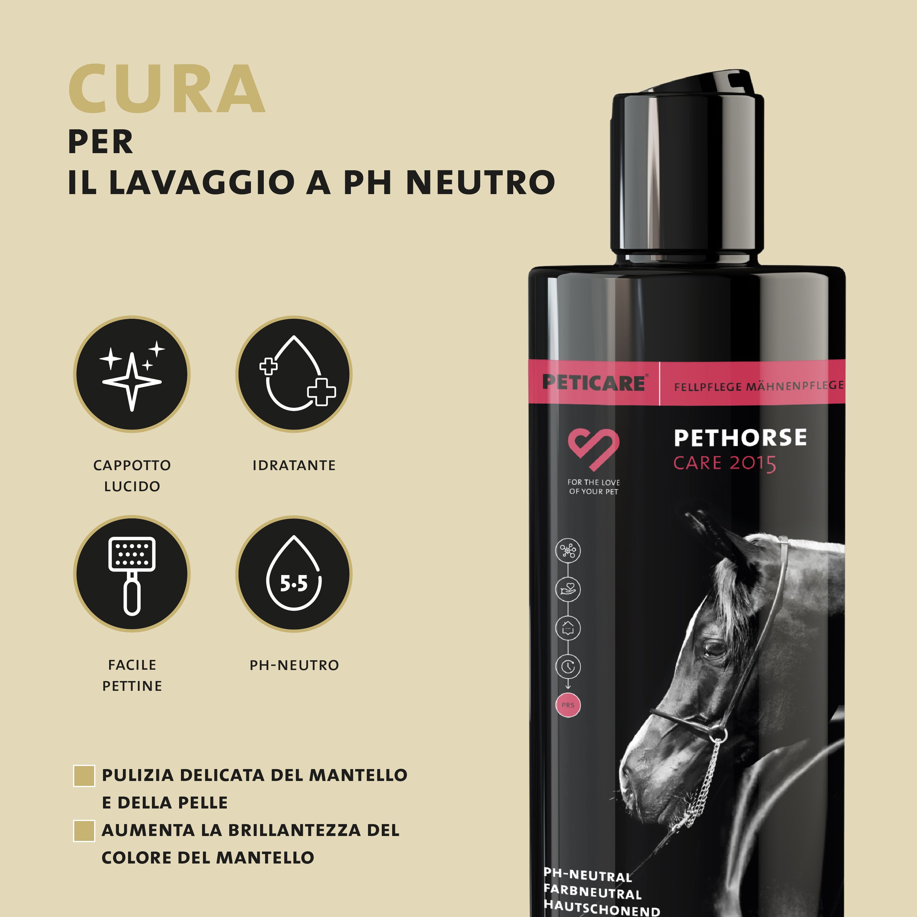 Flacone del prodotto con testo: Cura per lavaggio a pH neutro. Simboli per lucentezza, idratazione, pettinatura facile.