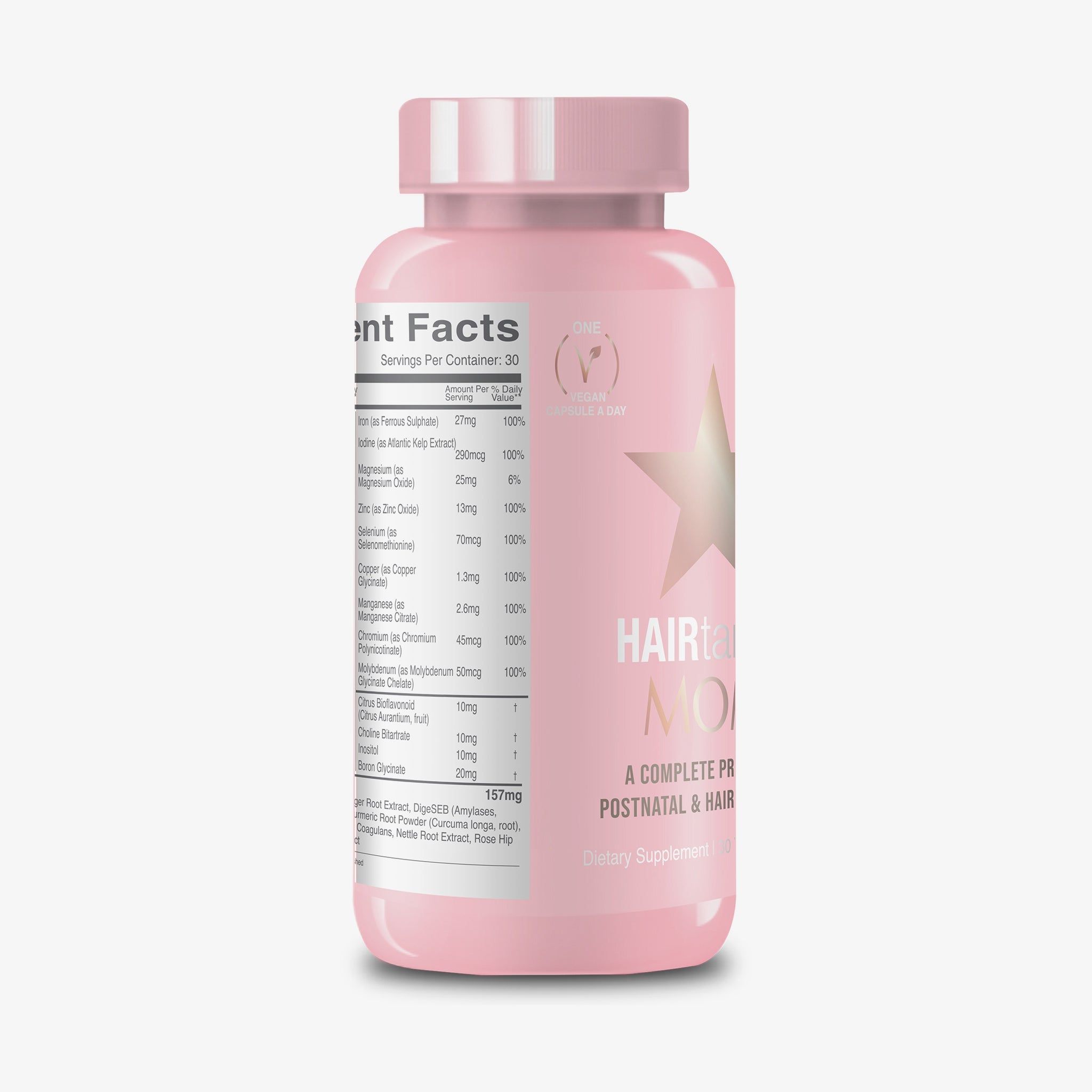 Flacone rosa con informazioni nutrizionali e logo HAIRtamin MOM. Contiene 30 porzioni.