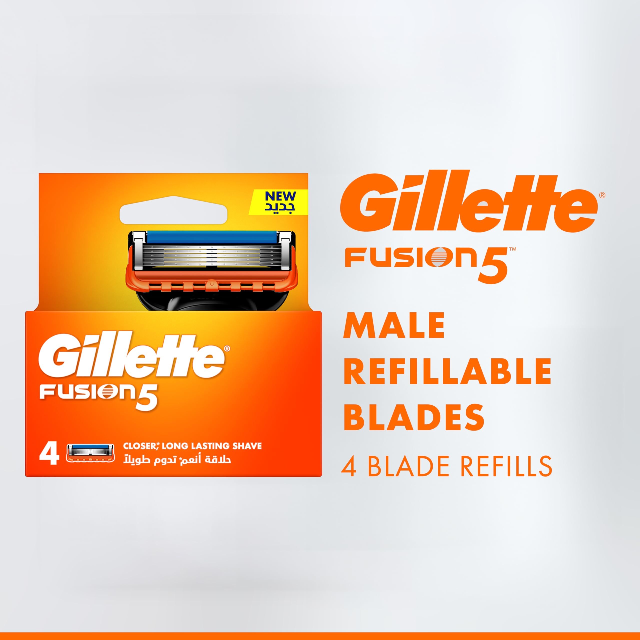 Confezione di ricariche Gillette Fusion5. Confezione arancione con nome del prodotto e 4 lame. Testo: "MALE REFILLABLE BLADES".