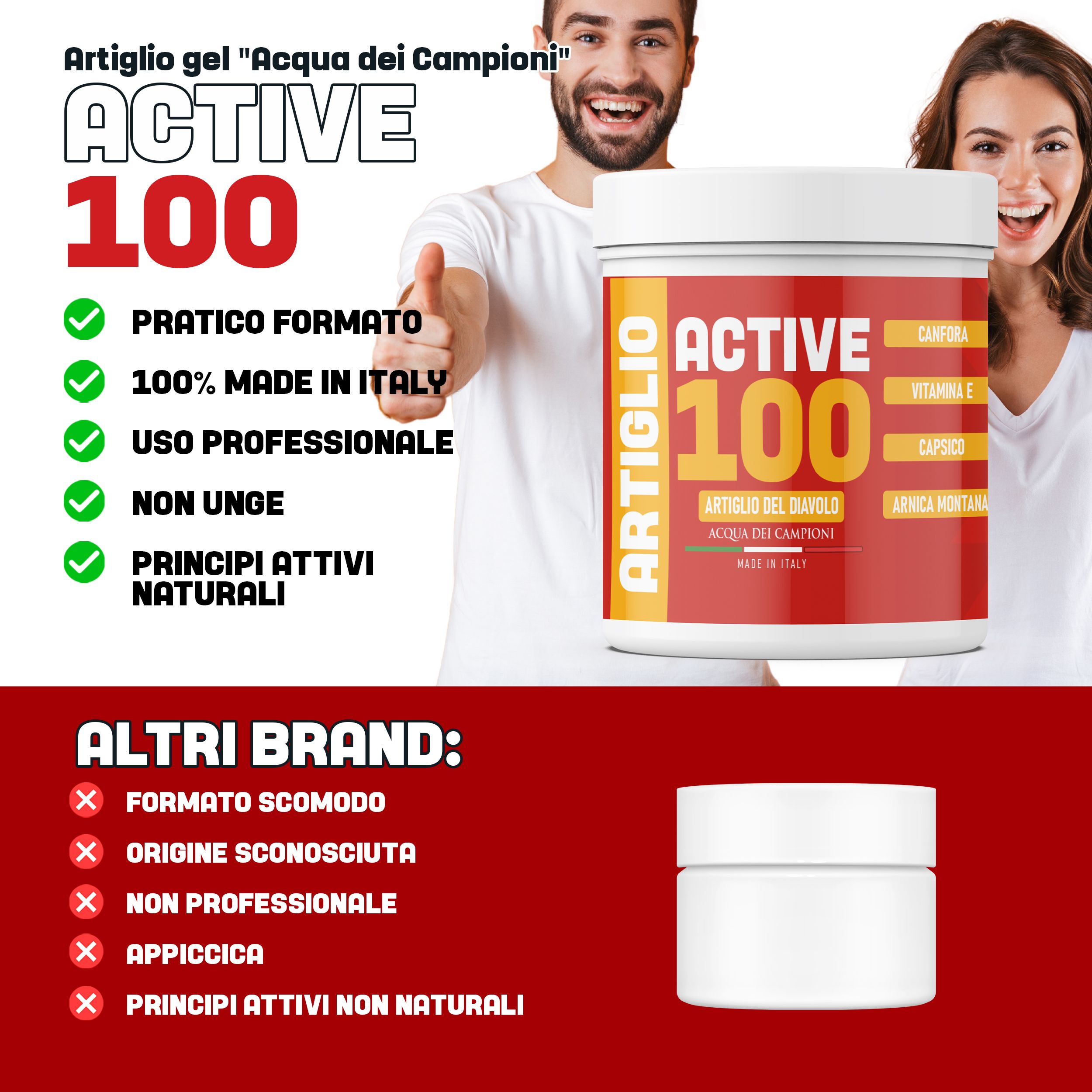 Barattolo con etichetta rossa e gialla. Testo: ACTIVE 100, Artiglio del Diavolo, Made in Italy. Due persone sorridono.