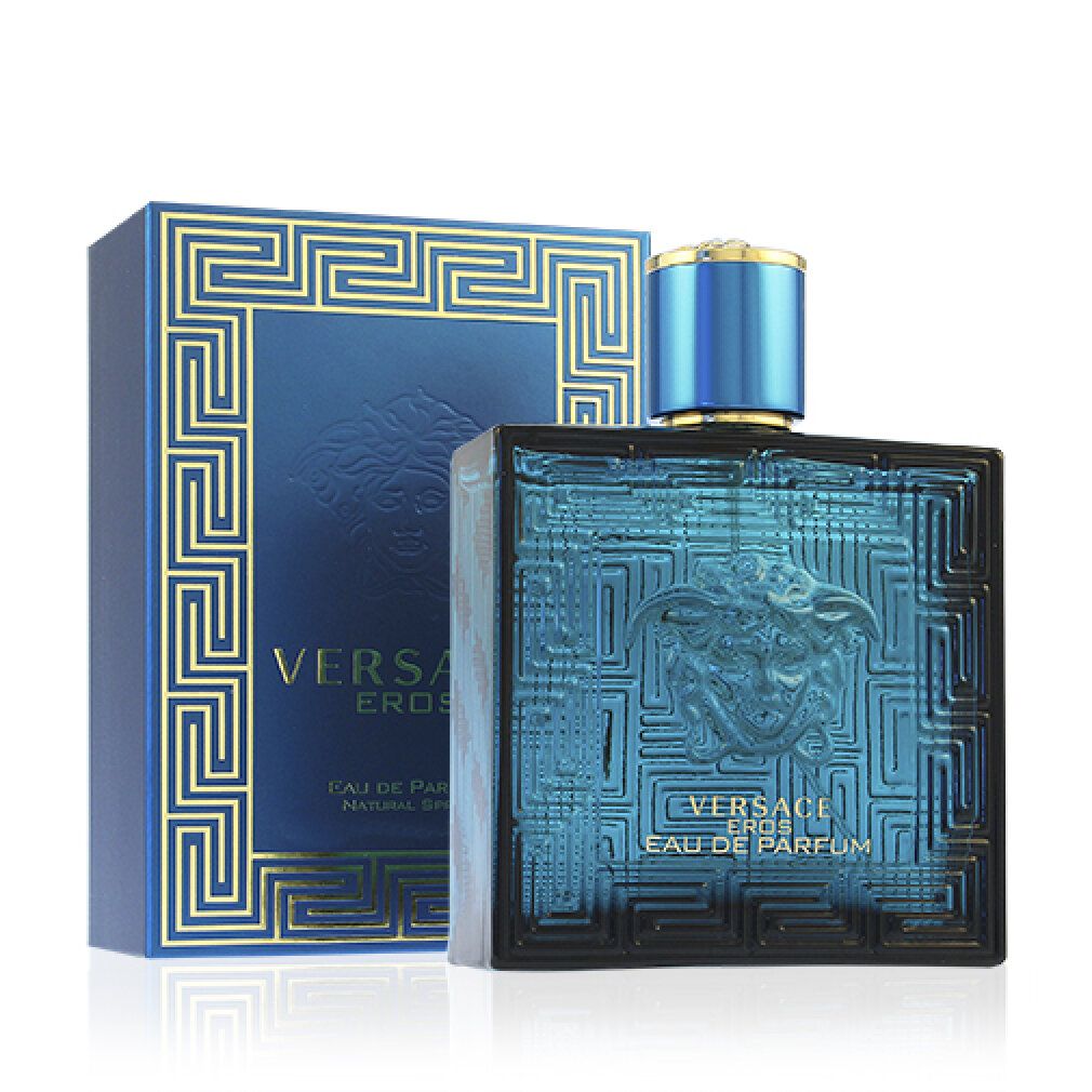 Flacone e scatola turchesi. Flacone con motivo in rilievo e tappo dorato. Scritta: Versace Eros Eau de Parfum.