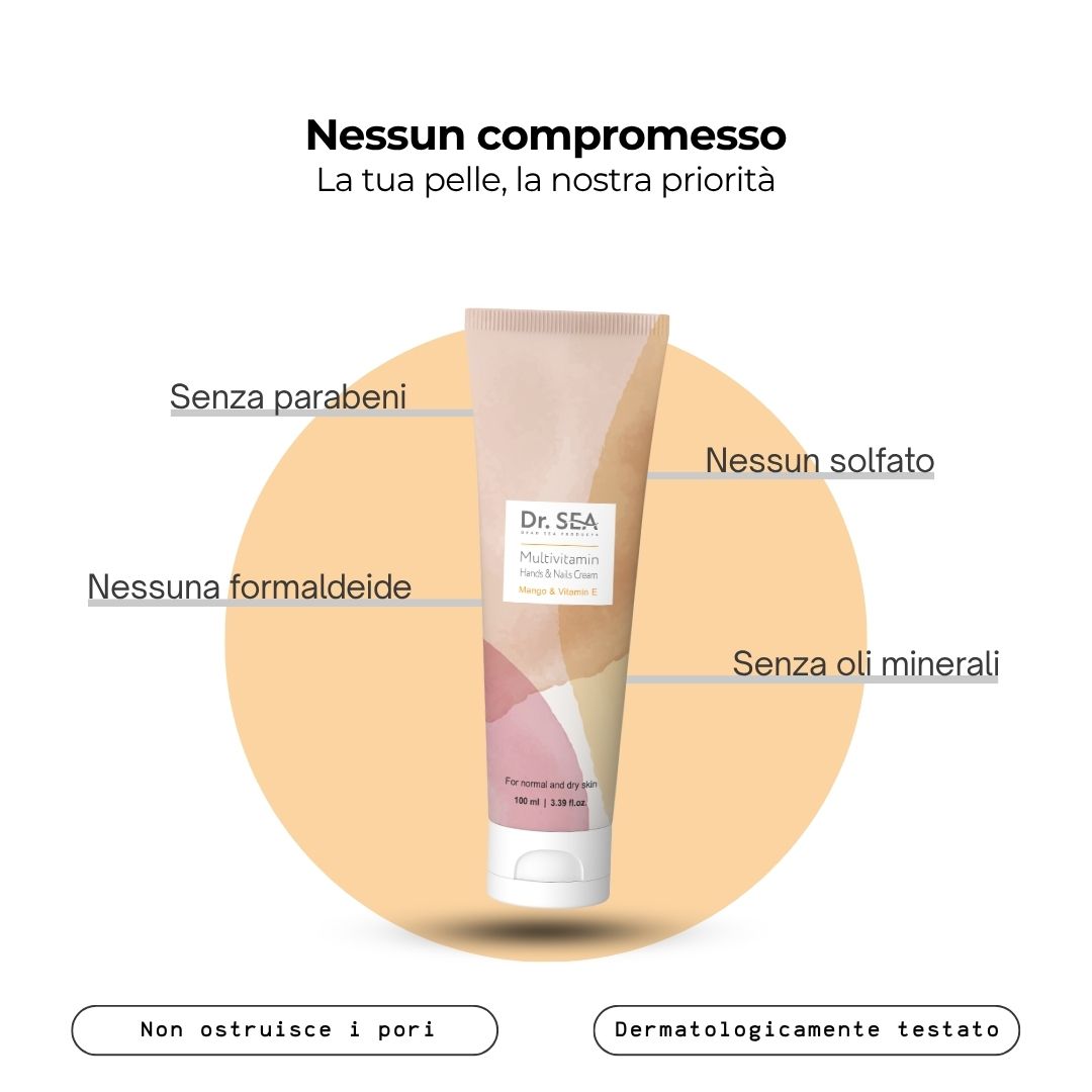 Tubo di crema. Scritta: Dr. SEA, Multivitamin, Hands & Nails Cream, Mango & Vitamin E. Testo sugli ingredienti: Senza parabeni, solfati, formaldeide, oli minerali.