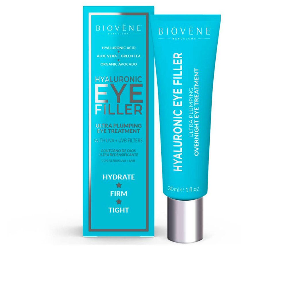 Tubo e scatola turchese. Scritto: Hyaluronic Eye Filler, Ultra Plumping Eye Treatment. Marchio: Biovene.