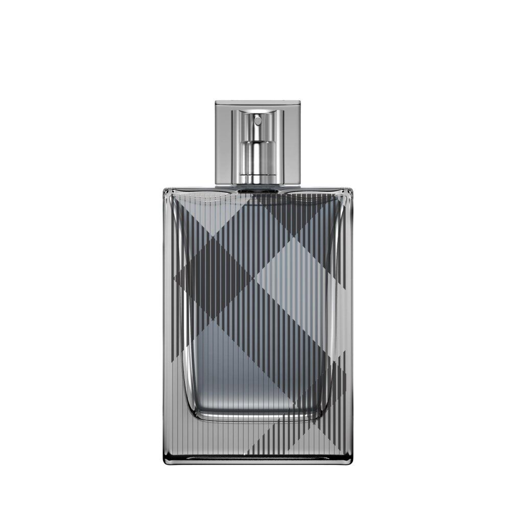 Flacone rettangolare con vaporizzatore argentato. Il vetro mostra un motivo tartan grigio. Il tappo è trasparente.