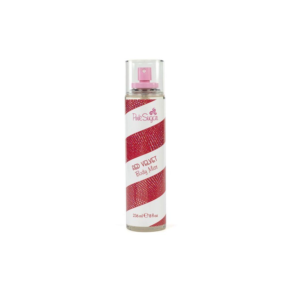 Spray per il corpo rosso e bianco. Il nome Pink Sugar e Red Velvet Body Mist sono visibili sull'etichetta. Testa spray trasparente.