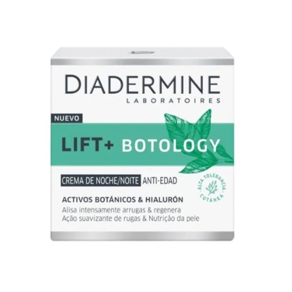 Confezione crema Diadermine Lift+ Botology Anti-Falten-Nachtcreme. Vaso bianco con scritte verdi e nere. Illustrazione foglie.