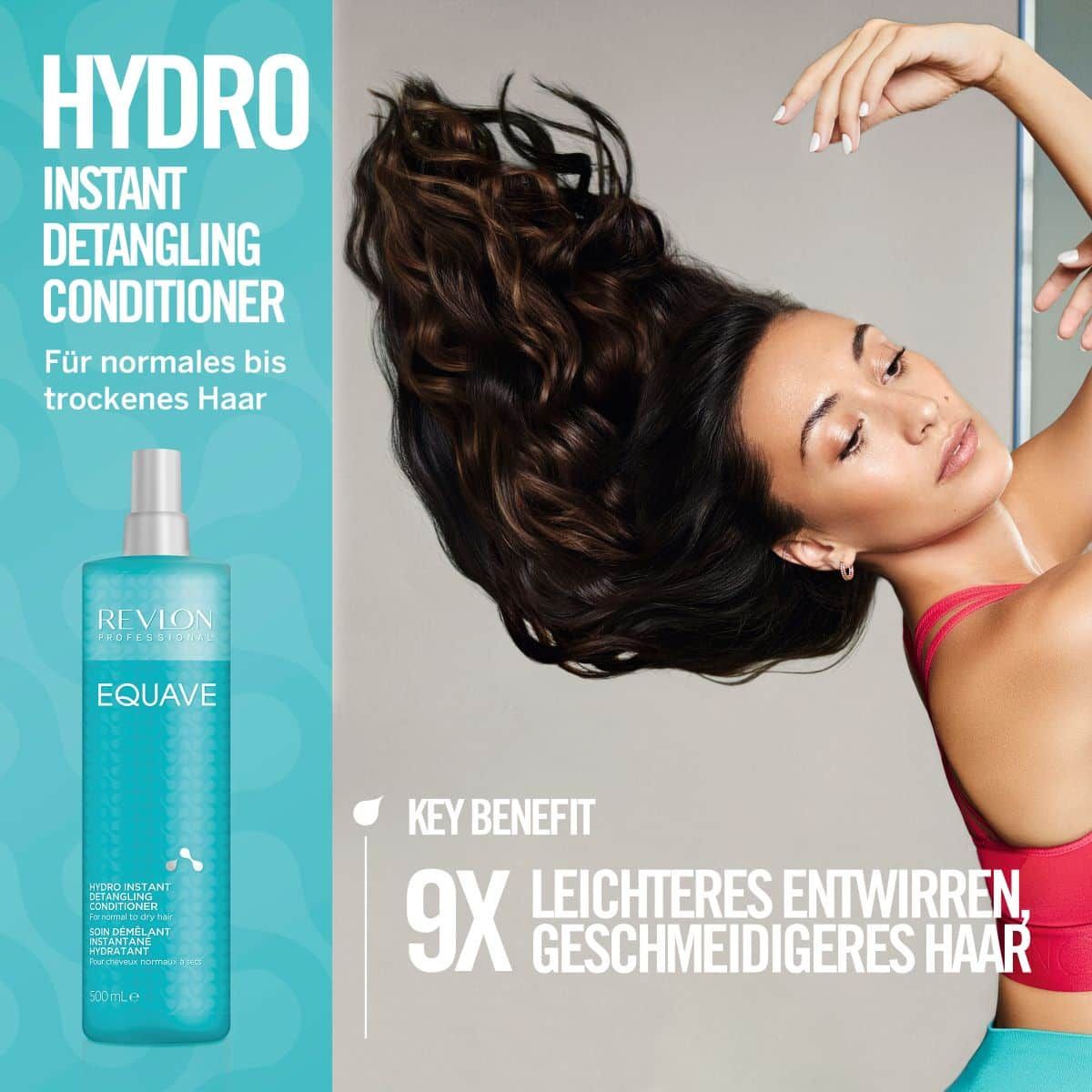 Revlon Equave Hydro Conditioner. Donna con capelli. Testo: Hydro Instant Detangling Conditioner. 9x districare più facile.