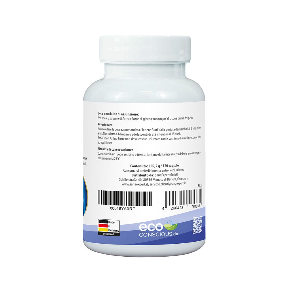 Retro del flacone bianco SanaExpert Arthro Forte. Testo con dosaggio e consigli di conservazione.