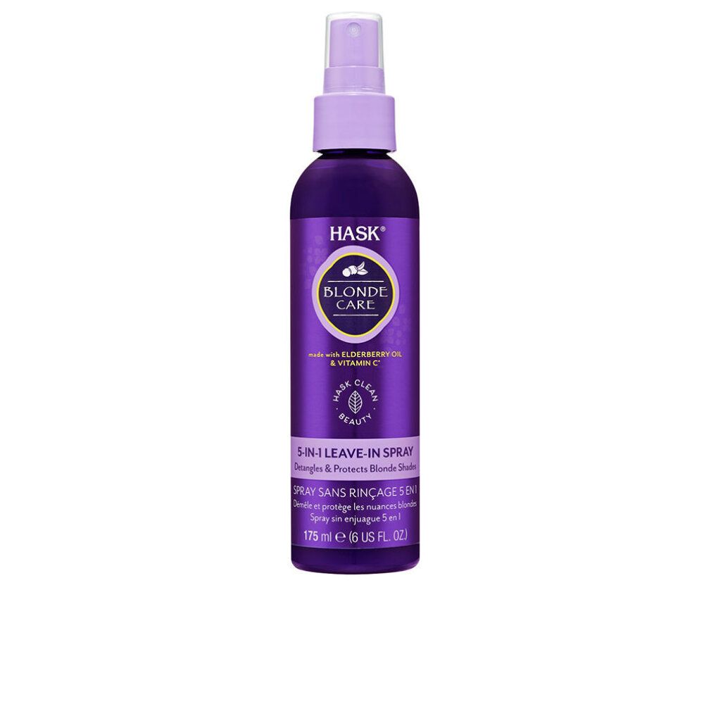 Flacone spray viola. Scritta: HASK Blonde Care 5-in-1 Leave-In Spray. Contiene sambuco e vitamina C.