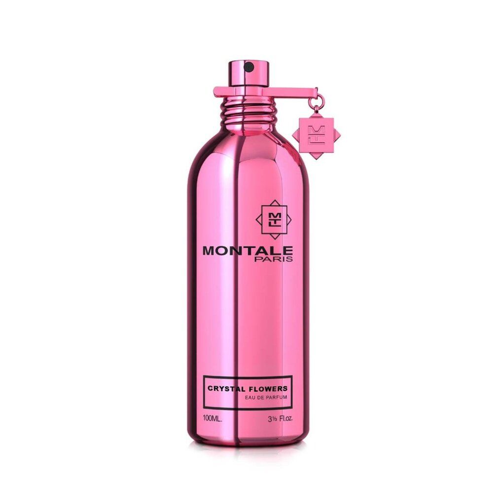 Flacone rosa Montale Cristal Blumen Eau de Parfum. Scritta e ciondolo visibili.