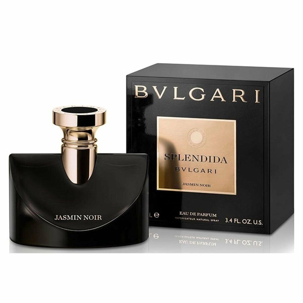 Flacone nero con tappo dorato e confezione nera. Scritta: Jasmin Noir, Bvlgari Splendida. 3.4 FL. OZ. U.S.