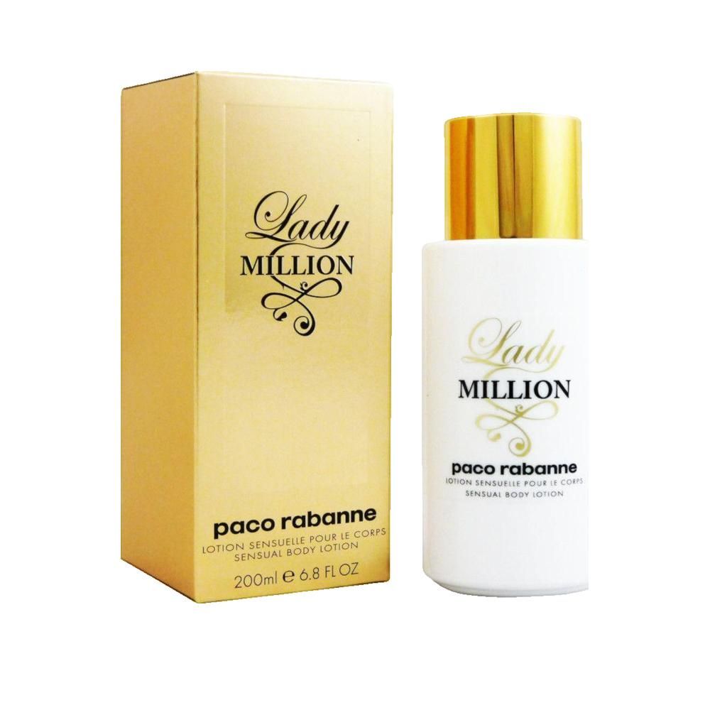 Flacone bianco e scatola dorata. Scritta Lady Million e Paco Rabanne. Lozione per il corpo.