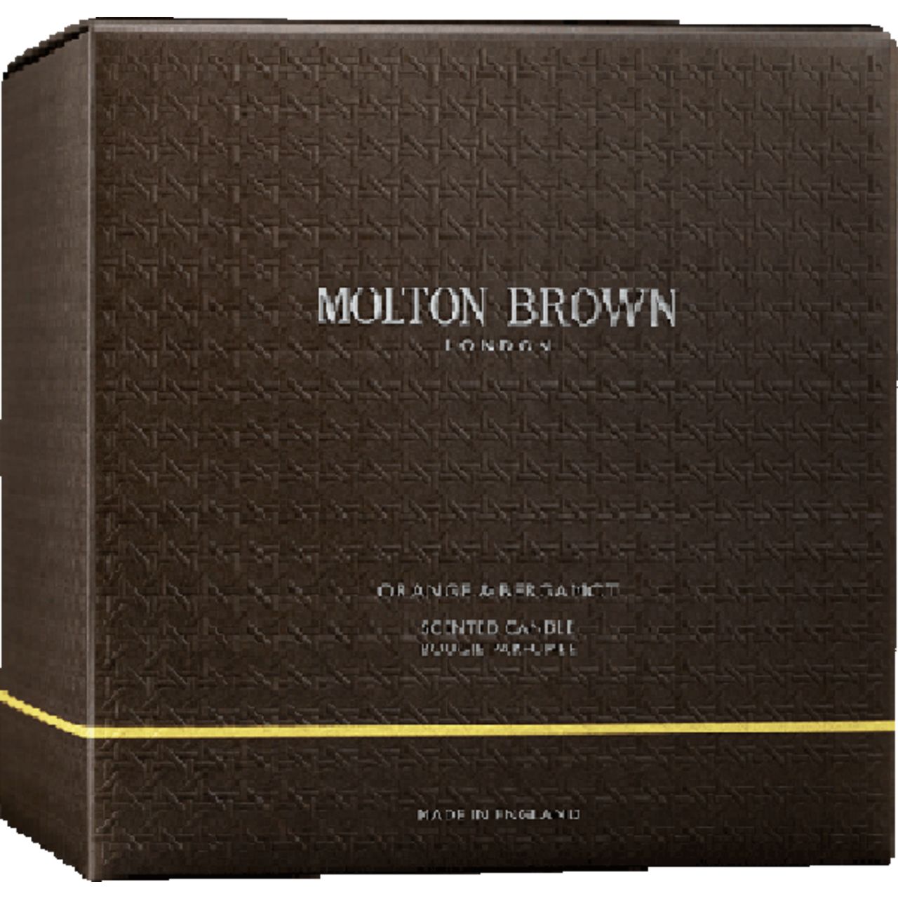 Scatola marrone scuro con logo e informazioni. Scritta: Molton Brown, Orange & Bergamot. Striscia dorata in basso.