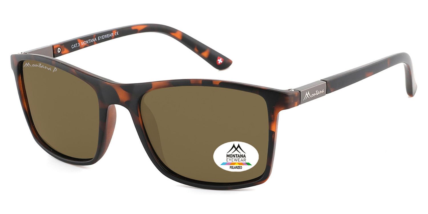 Occhiali da sole marroni. Logo Montana Eyewear sulla stanghetta. Forma rettangolare.