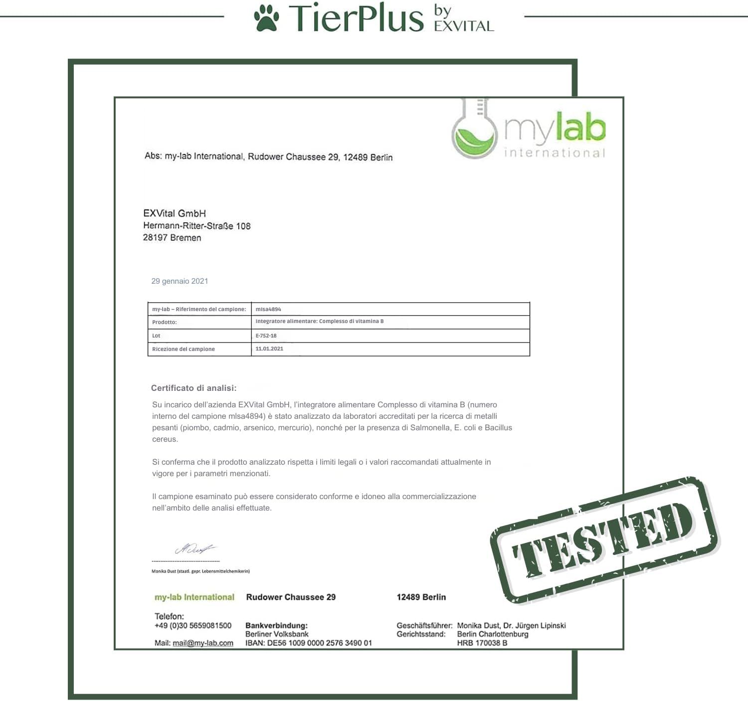 Documento testato. EXVital Vitamina B Complesso. mylab international. Analisi del complesso di vitamina B.