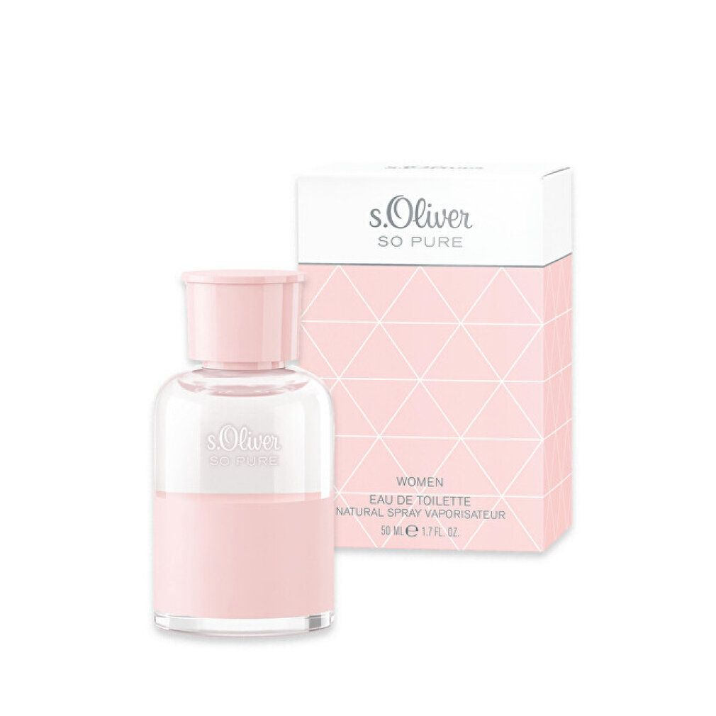 Flacone e confezione di s.Oliver So Pure Women. Liquido rosa nel flacone di vetro. Confezione rettangolare con logo e testo.