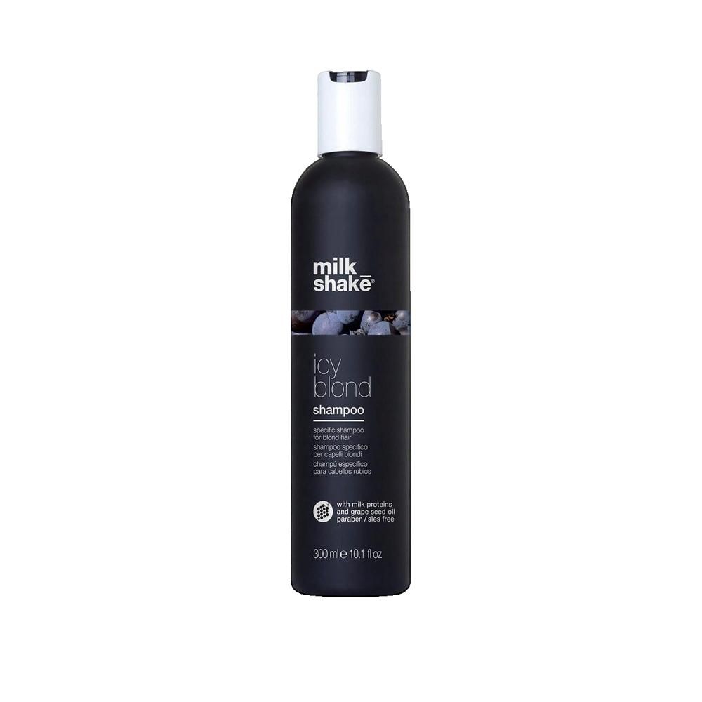Flacone di shampoo nero con tappo bianco. Scritta: "milk shake icy blond shampoo". Contiene proteine del latte, senza parabeni.