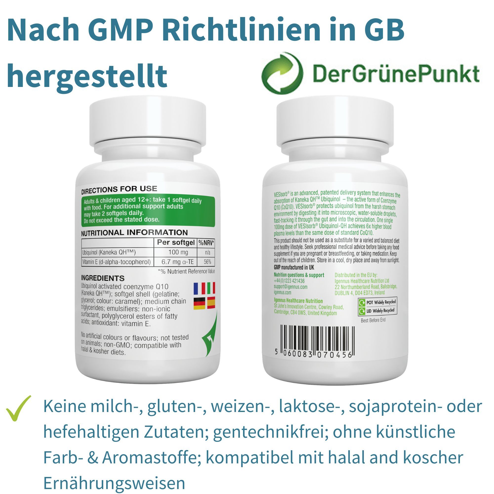 Contenitore Igennus Ubiquinol-QH prodotto secondo le norme GMP, con sigilli.