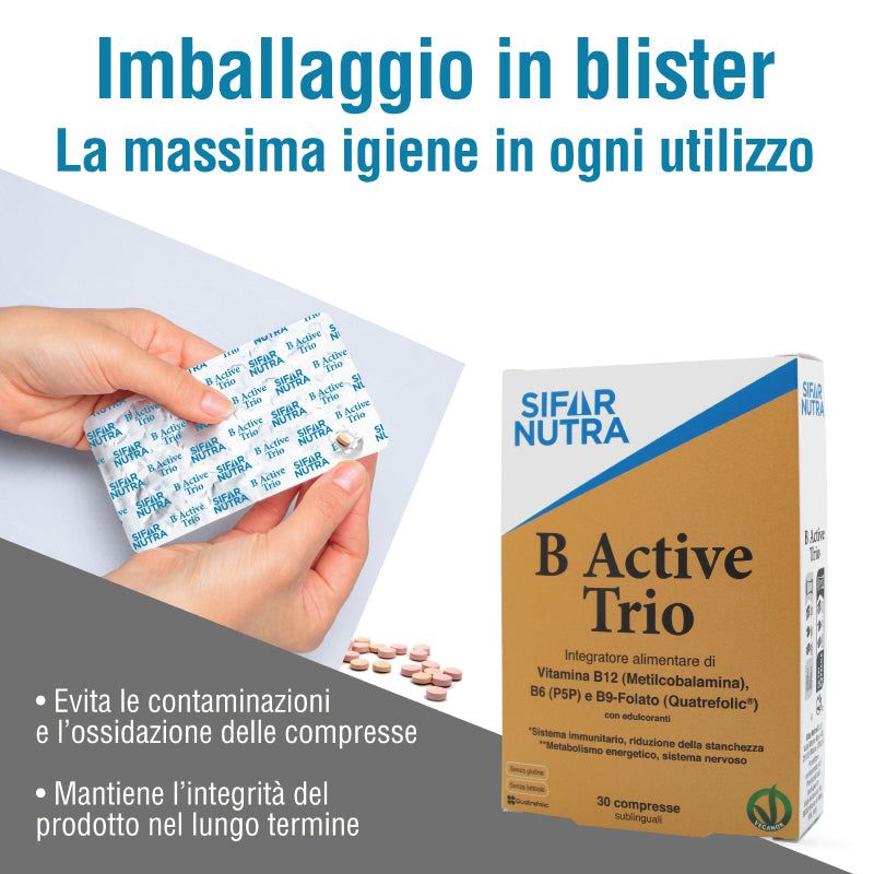 Mani che tengono blister di compresse. Scatola Sifar Nutra B Active Trio accanto. Testo sull'igiene.