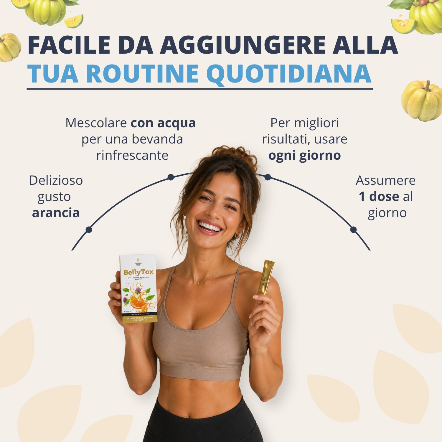 Donna integra Golden Tree BellyTox nella sua routine. Gusto arancia, assunzione giornaliera.