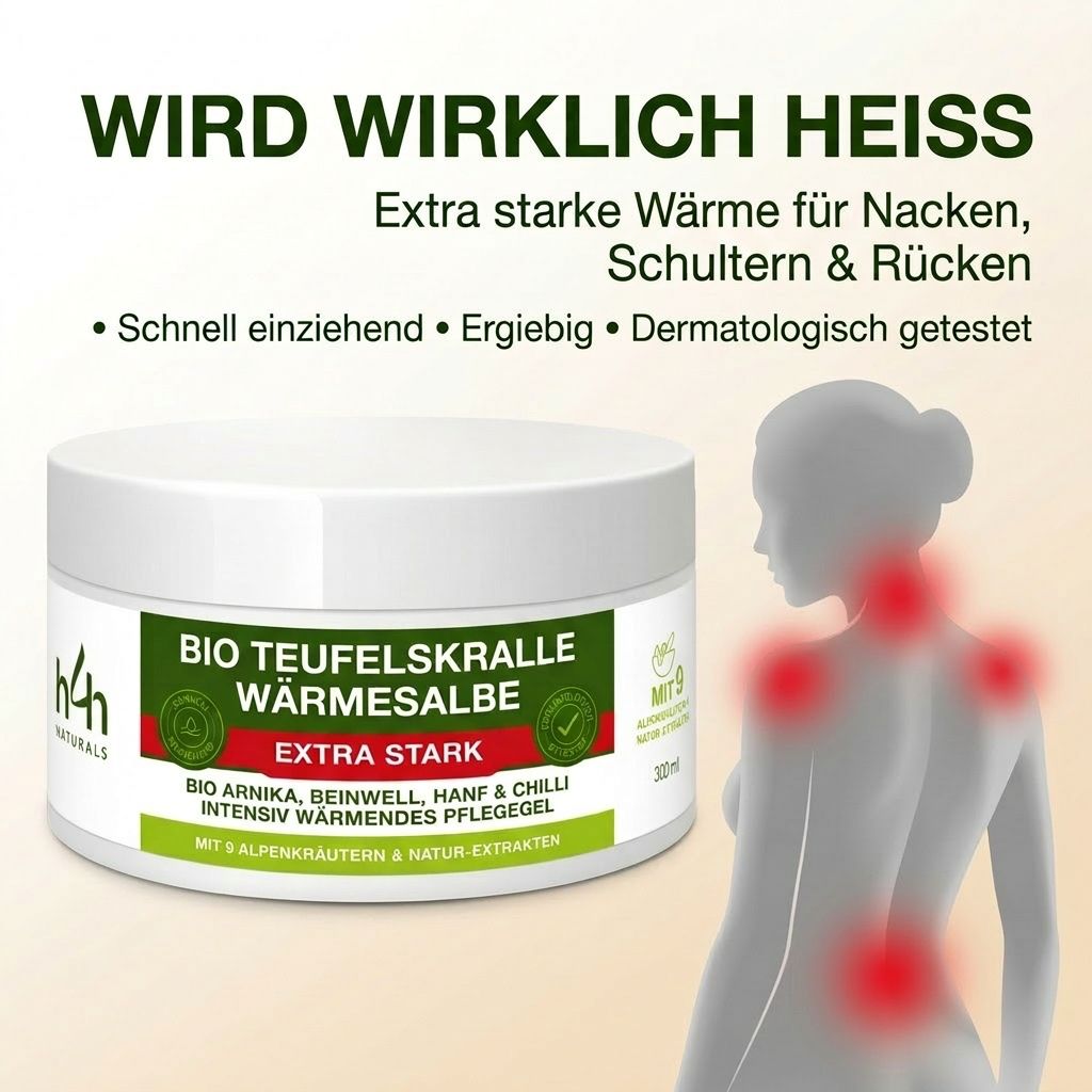 Vasetto bianco con etichetta verde. Testo: BIO TEUFELSKRALLE WÄRMESALBE EXTRA STARK. Scritta: H4H Naturals. Dermatologicamente testato.