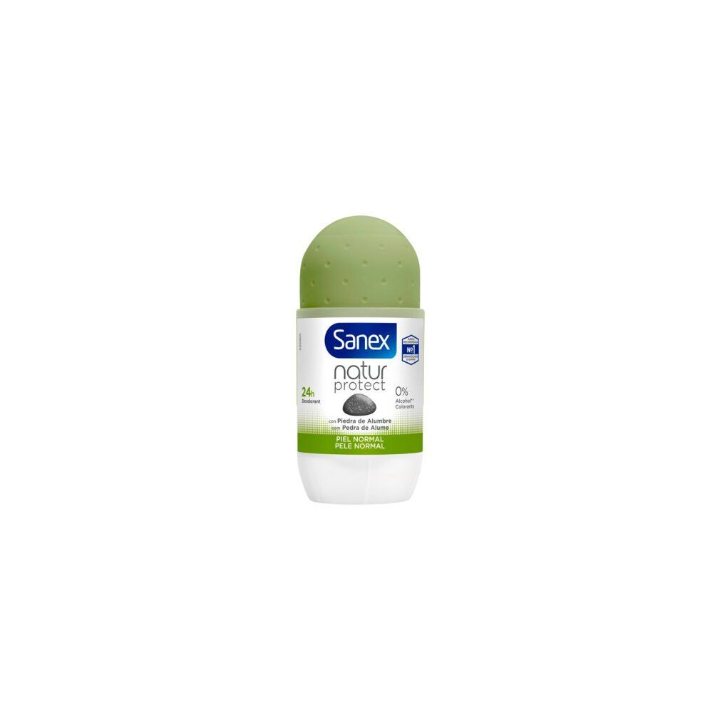 Deodorante roll-on Sanex Natur Protect. Contenitore bianco, tappo verde. Scritta: Sanex natur protect, 0% alluminio.
