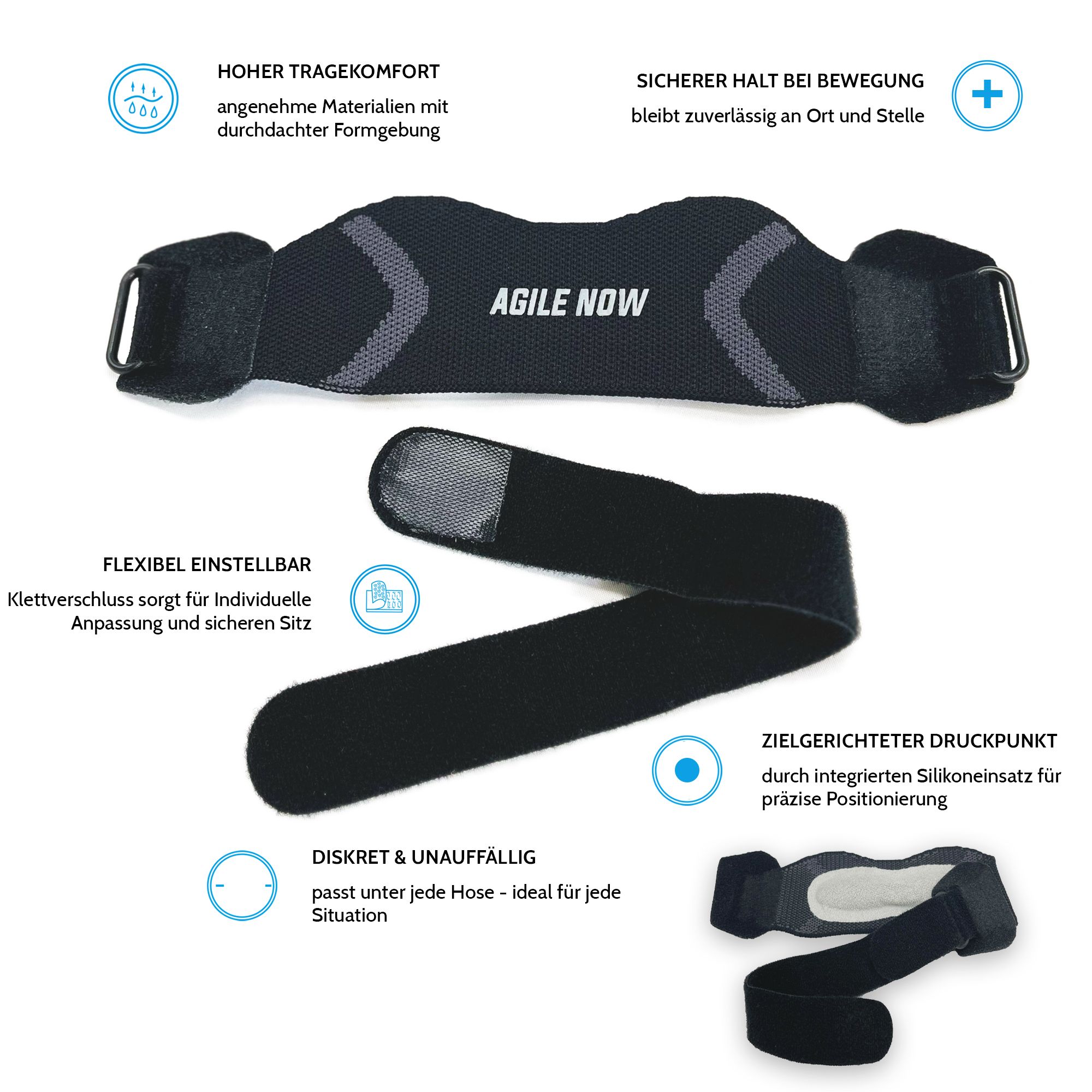 Ginocchiera nera con chiusura in velcro. Testo: AGILE NOW. Diagrammi con testi: REGOLABILE IN MODO FLESSIBILE, PUNTO DI PRESSIONE MIRATO.