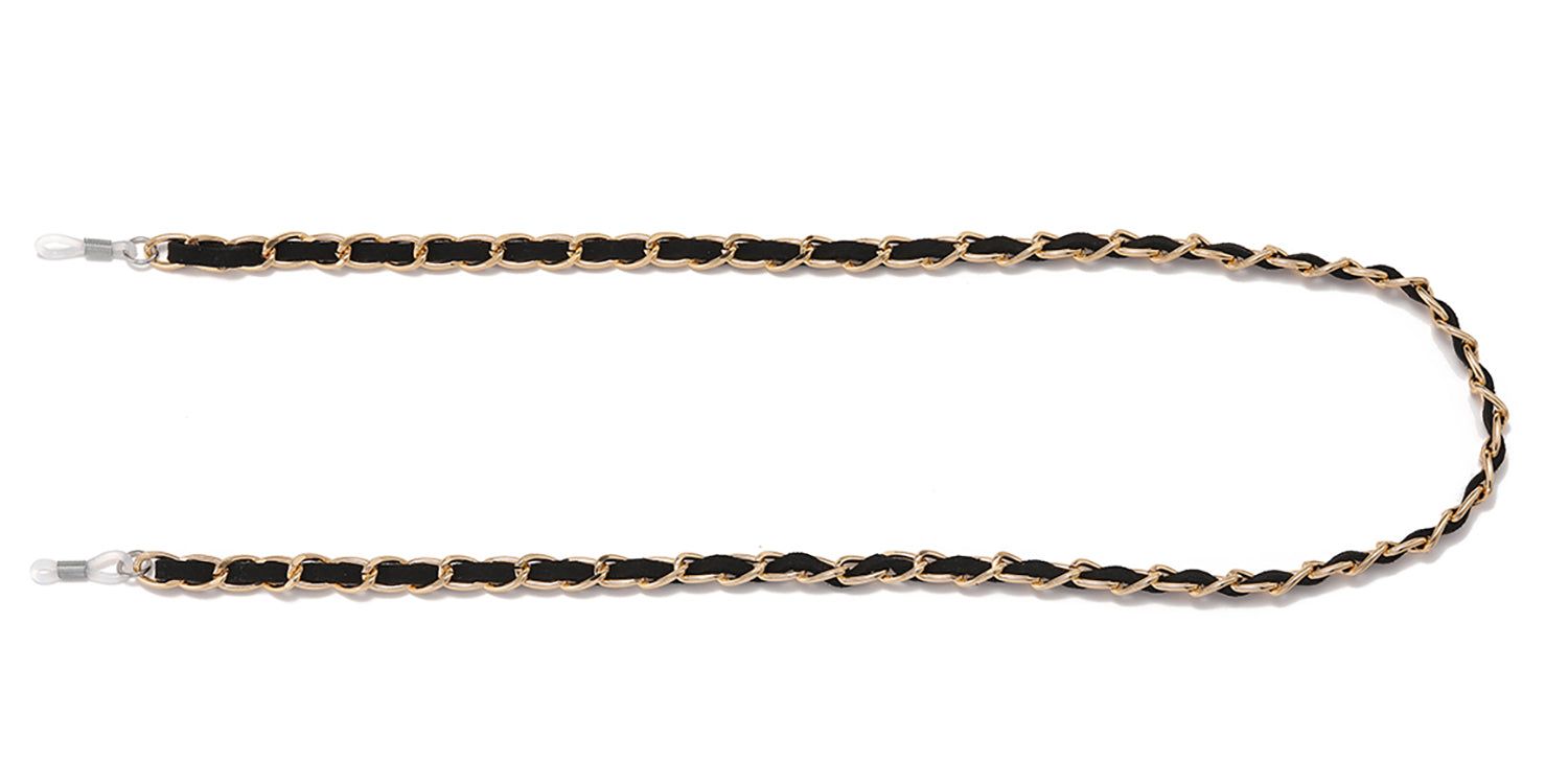 Catenina per occhiali nera e dorata, design intrecciato. Estremità con anelli per il fissaggio alle aste degli occhiali. Su sfondo bianco.