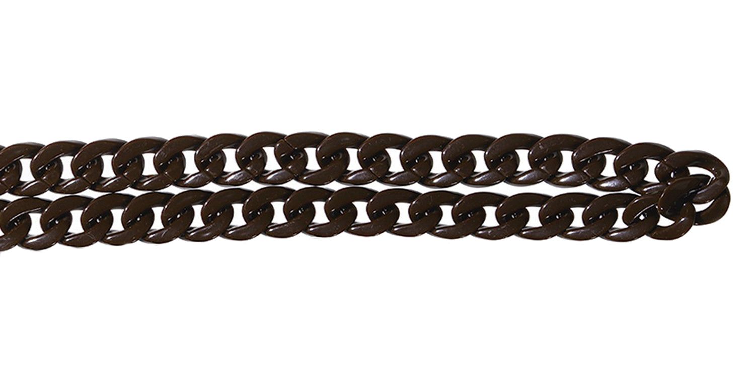 Catenina occhiali marrone, maglie a catena, chiusure metalliche. Vista orizzontale su sfondo bianco.