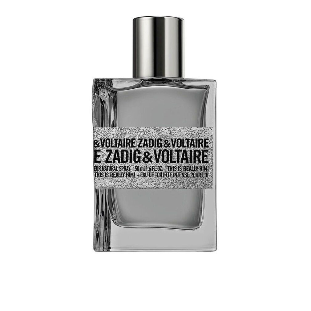 Flacone Zadig & Voltaire. Forma rettangolare, tappo argentato. Etichetta con nome e testo del prodotto. Flacone in vetro trasparente.