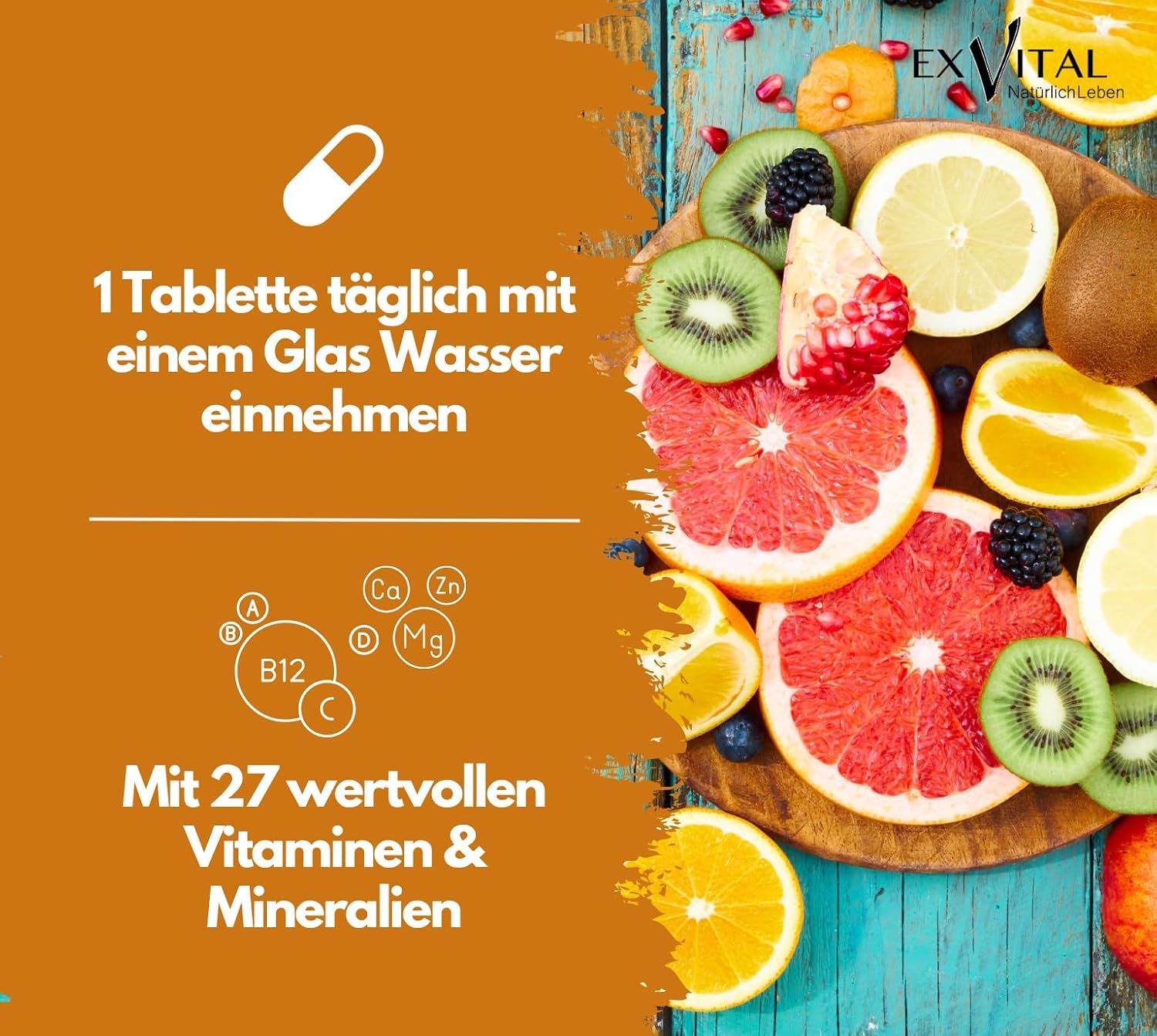 Selezione di frutta su tagliere. Testo: 1 compressa al giorno con acqua. 27 vitamine e minerali.