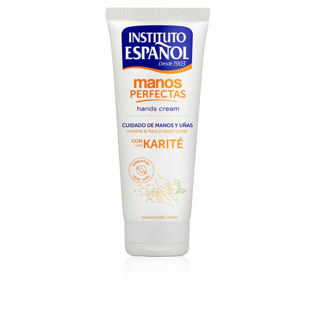 Tubo bianco con testo blu e arancione. Crema mani con karité. Scritta: Instituto Español, Manos Perfectas.