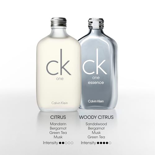 Due flaconi. "ck one" e "ck essence". Testo con ingredienti e intensità.