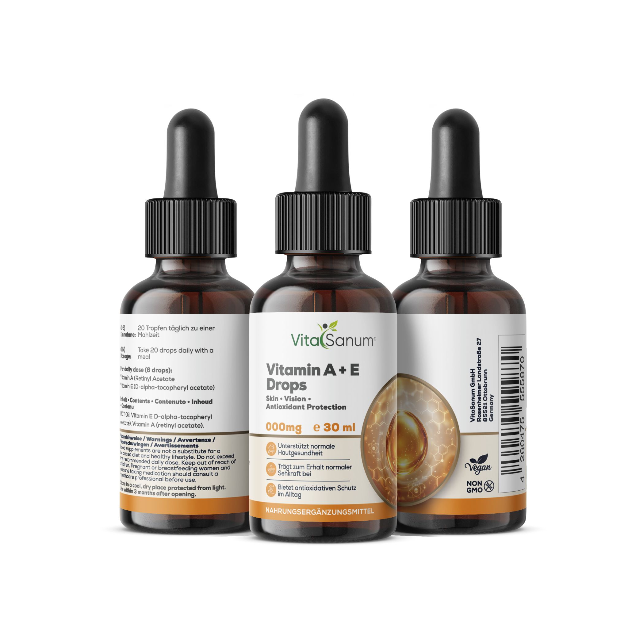 Tre flaconi VitaSanum Vitamina A+E con contagocce. Ogni flacone contiene 30 ml.