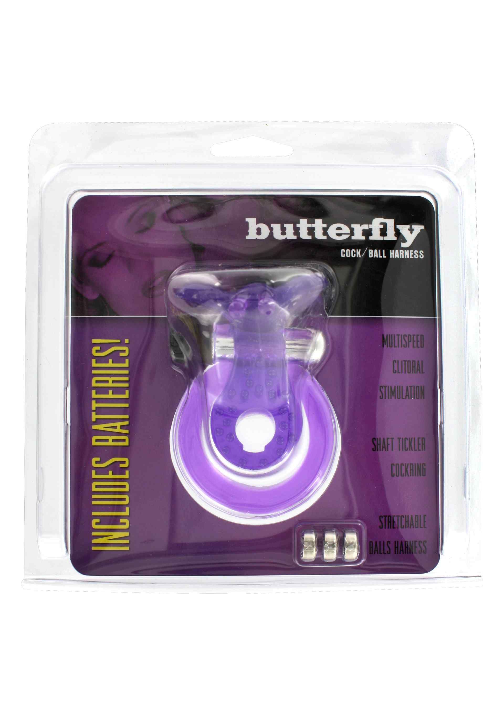 Anello per pene e testicoli viola Butterfly in confezione blister. Include batterie. Testo: Butterfly, Cock/Ball Harness, Multispeed, Stimolazione clitoridea.