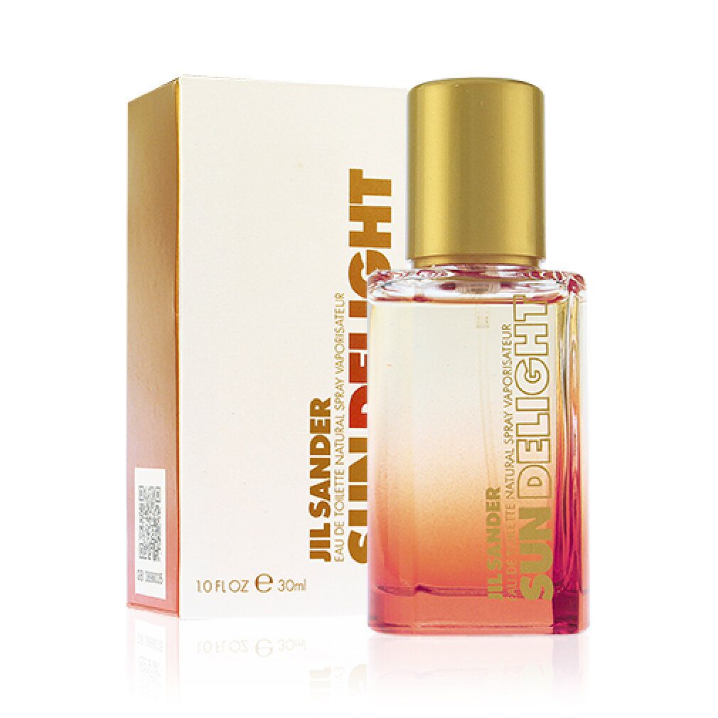 Flacone in vetro e confezione. Scritta SUN DELIGHT e JIL SANDER. Sfumatura di colore da trasparente a rosso.