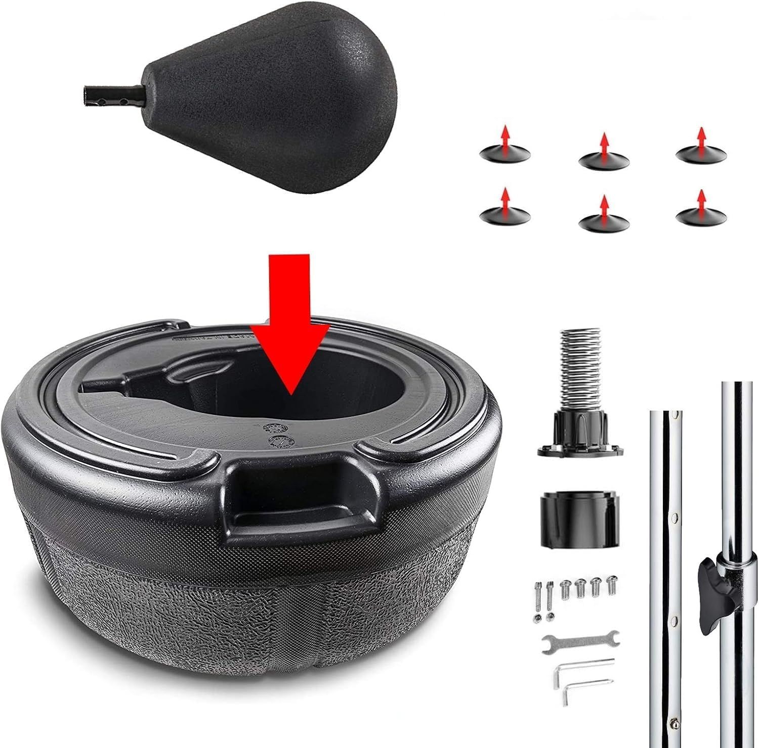 Componenti smontati di un sacco da boxe. Sacco a forma di pera, base, asta, viti e attrezzi. Logo FFitness.