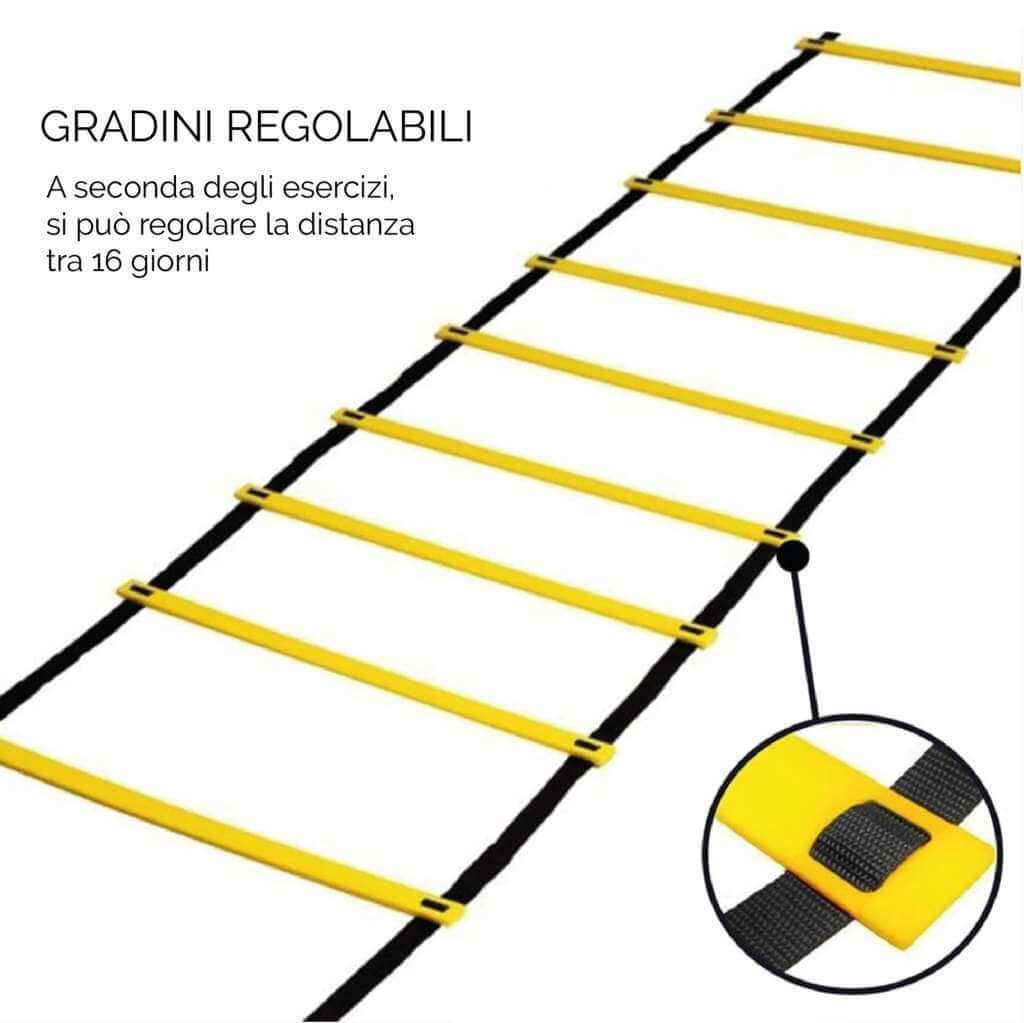 Scala per allenamento con pioli gialli e cinghie nere. Distanza pioli regolabile.