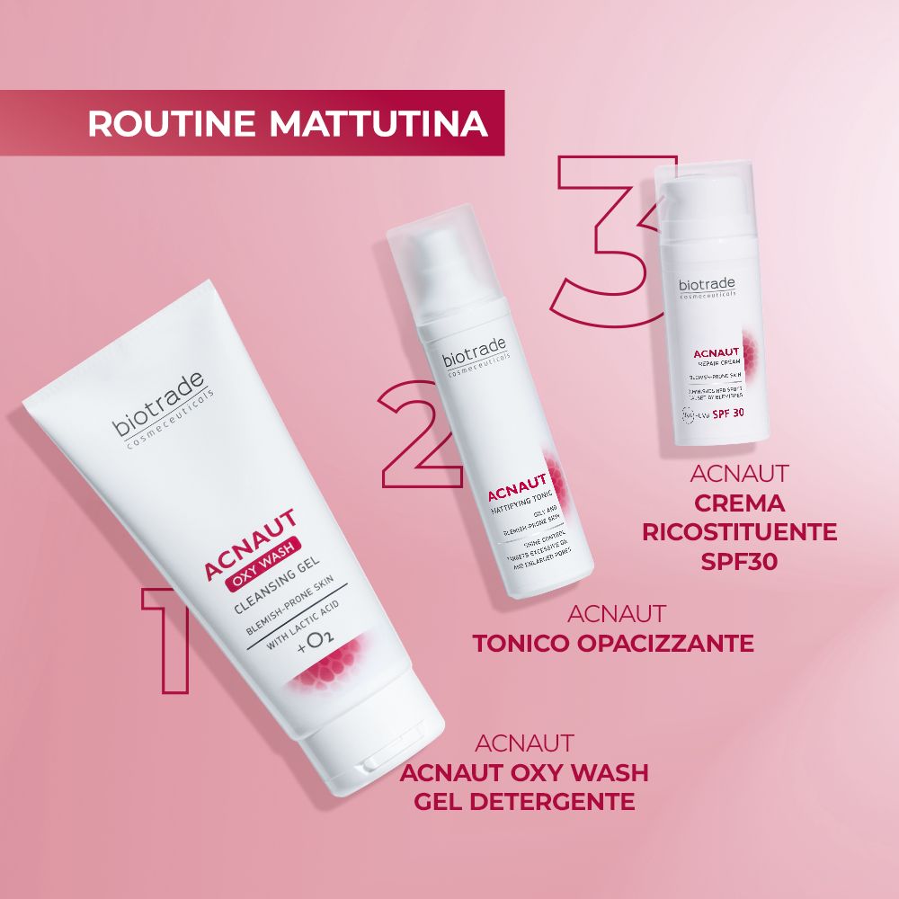 Tre prodotti su sfondo rosa. Acnaut Oxy Wash, Tonico Opacizzante, Acnaut Crema Ricostituente SPF30.