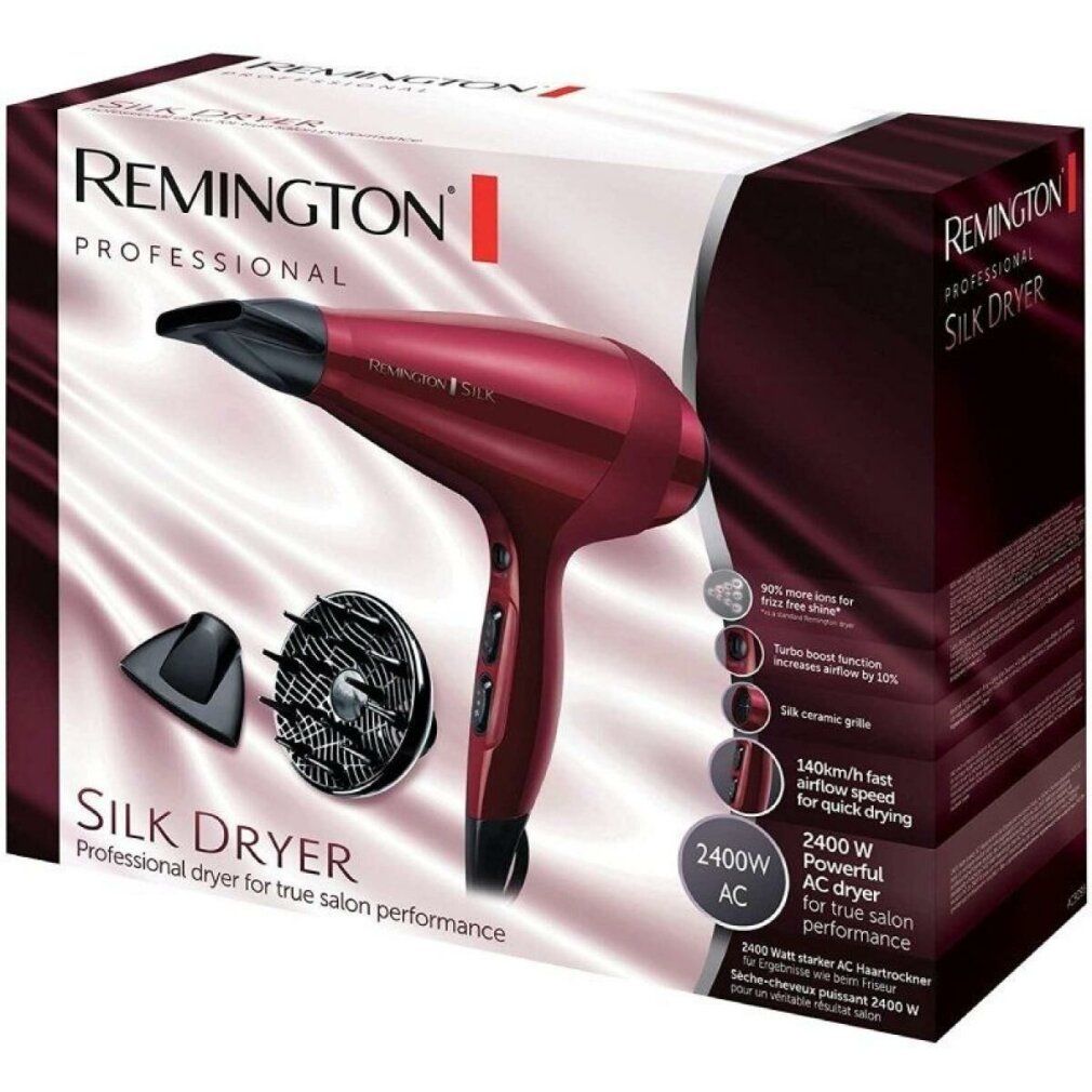 Asciugacapelli in confezione. Marchio Remington Silk Dryer. Asciugacapelli rosso, due accessori. Testo: 2400W, 140km/h.