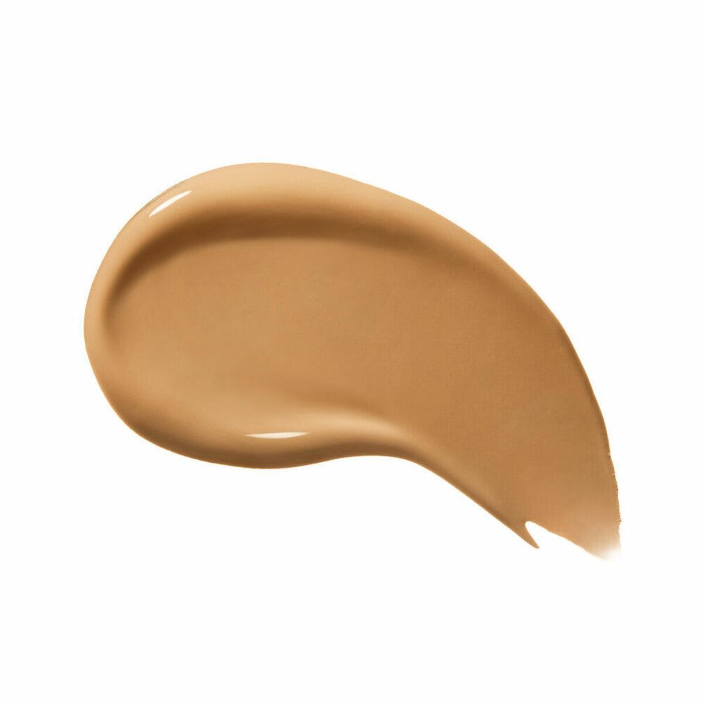 Campione di fondotinta Shiseido Synchro Skin Radiant Lifting Citrine. Texture cremosa marrone chiaro su sfondo bianco.