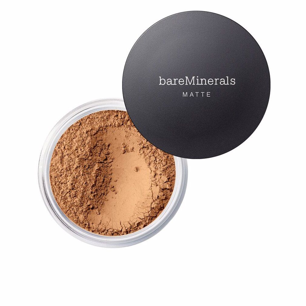 Bareminerals Matte Foundation. Vasetto di polvere libera con coperchio nero. Scritta: bareMinerals Matte.