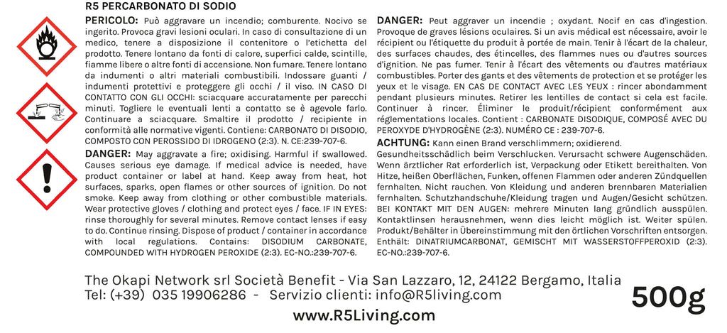R5 Percarbonato di Sodio, 500g. Imballaggio marrone con avvertenze e testo. Sfondo bianco.