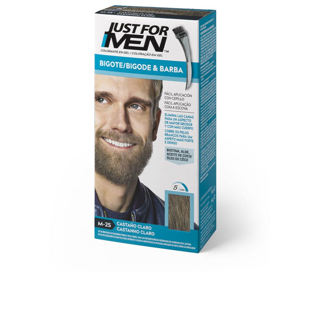 Confezione del prodotto con il nome del marchio. Testo: BIGOTE/BIGODE & BARBA, CASTANO CLARO, M-25. Immagine di un uomo con la barba.