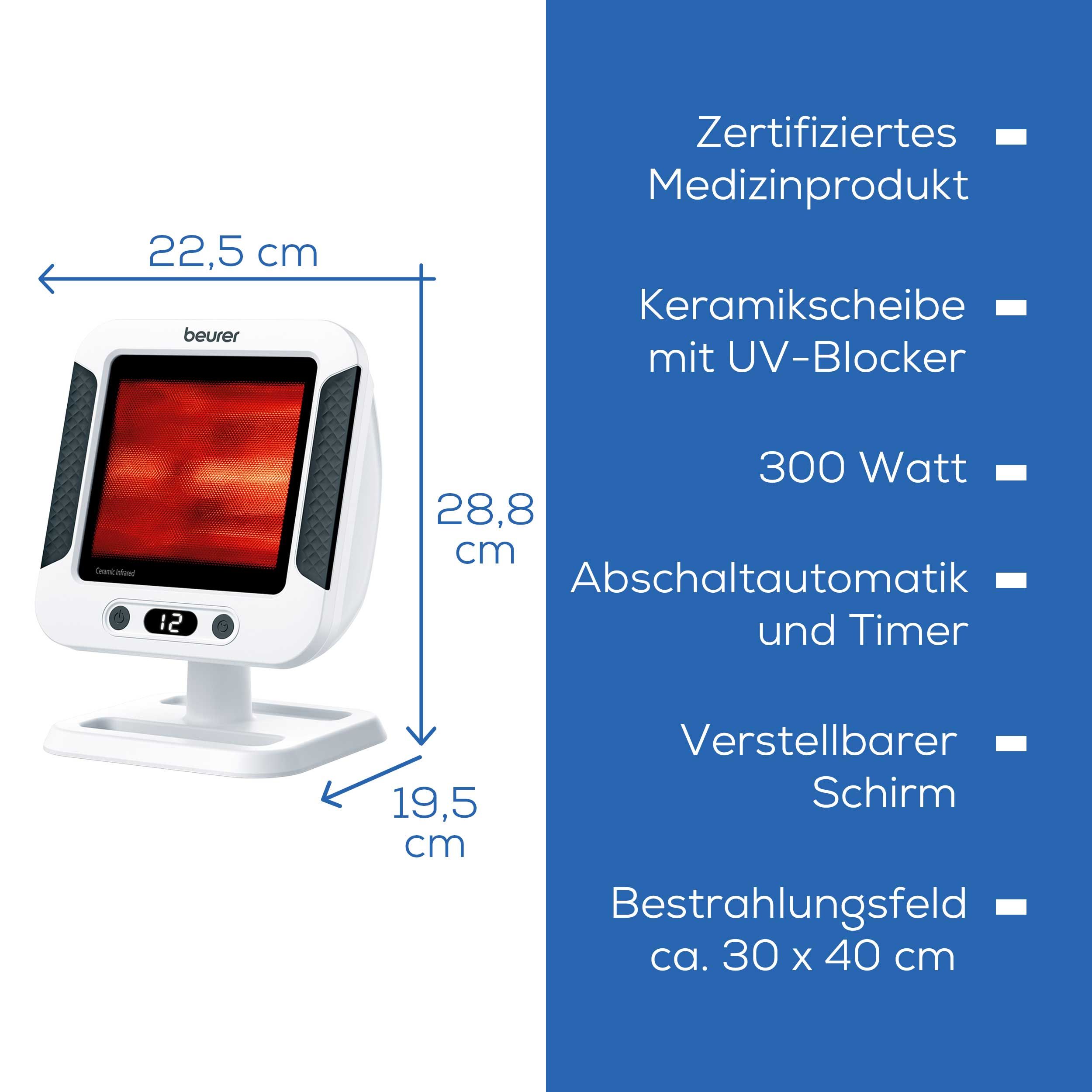 Lampada a infrarossi con dimensioni. Testo: Dispositivo medico certificato, disco ceramico con blocco UV, 300 Watt, timer, schermo regolabile.