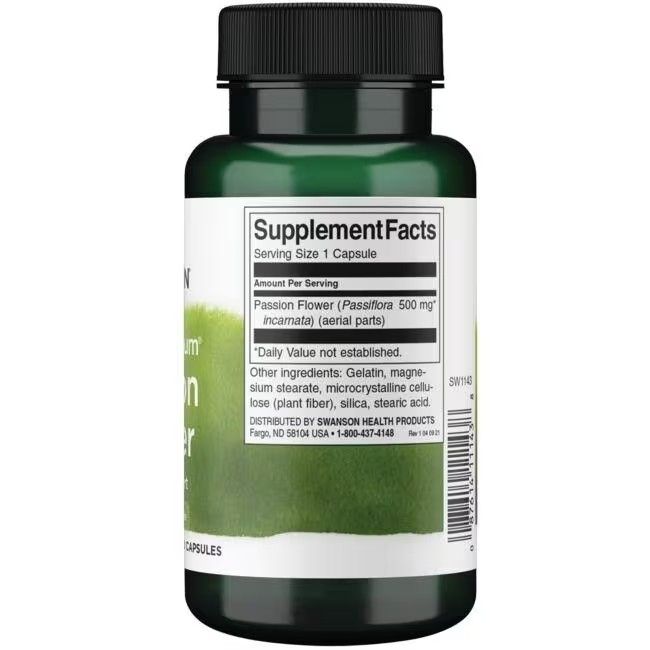 Retro del flacone verde. Etichetta con informazioni nutrizionali e ingredienti. "Passion Flower" e "SWANSON" visibili.