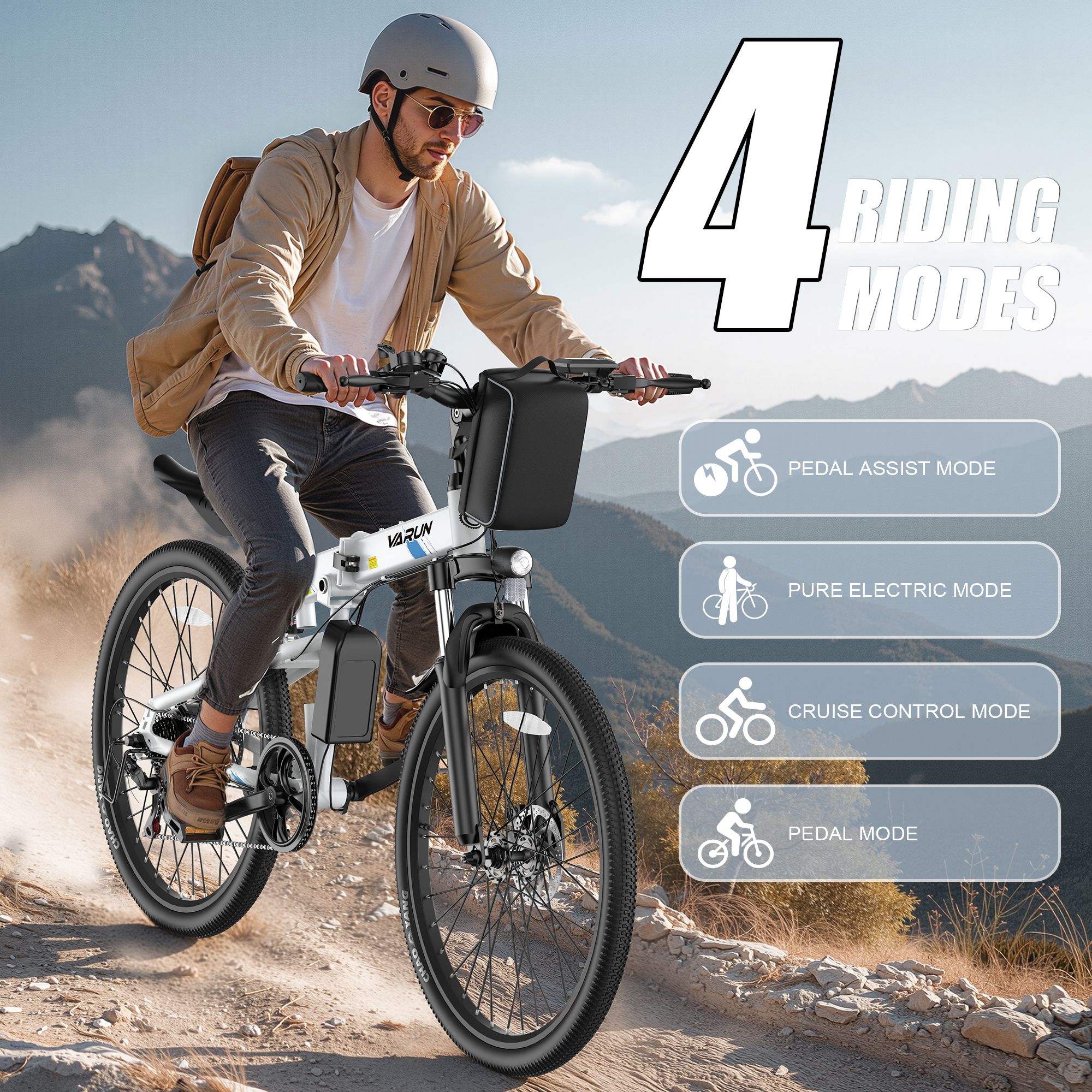 Persona in bicicletta elettrica su uno sterrato. Quattro modalità di guida: pedalata assistita, modalità elettrica pura, cruise control e modalità pedale.